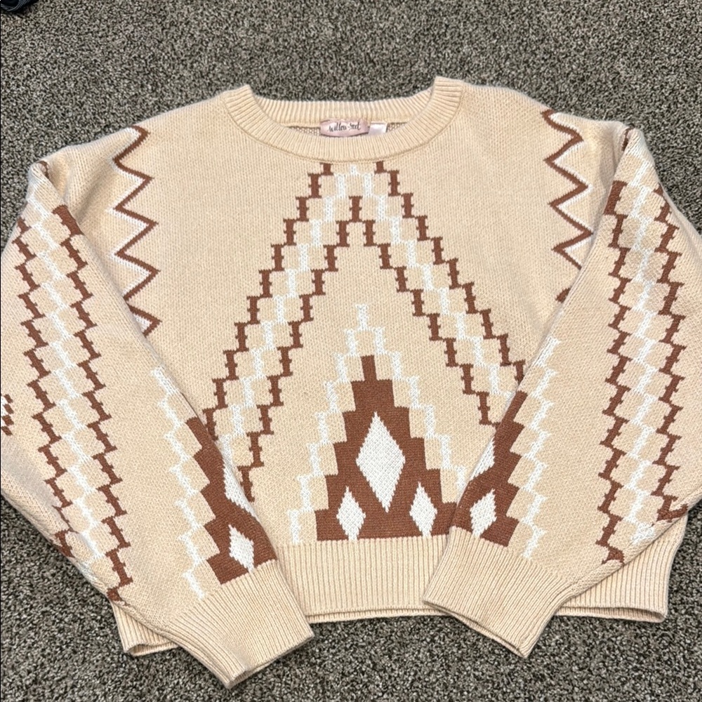 Cream and Brown Crew Neck Sweater with Geometric Pattern